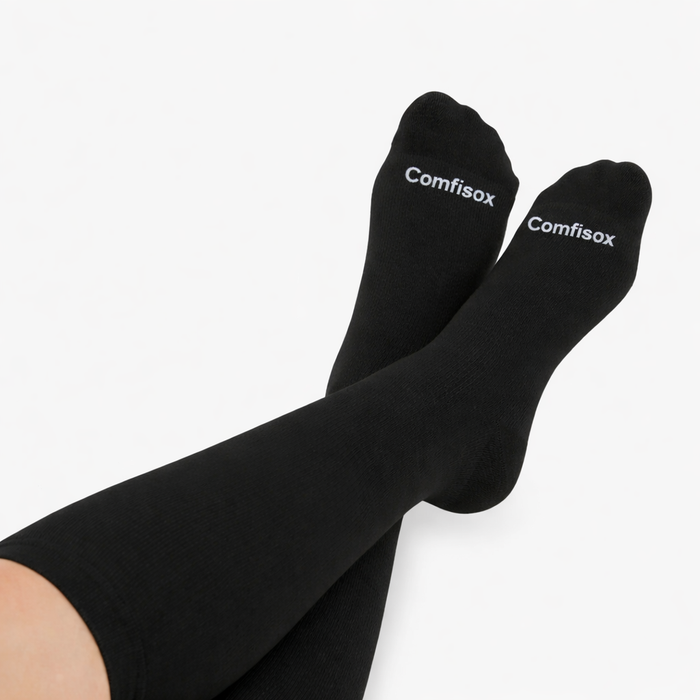 Woman easily putting on Comfisox compression socks