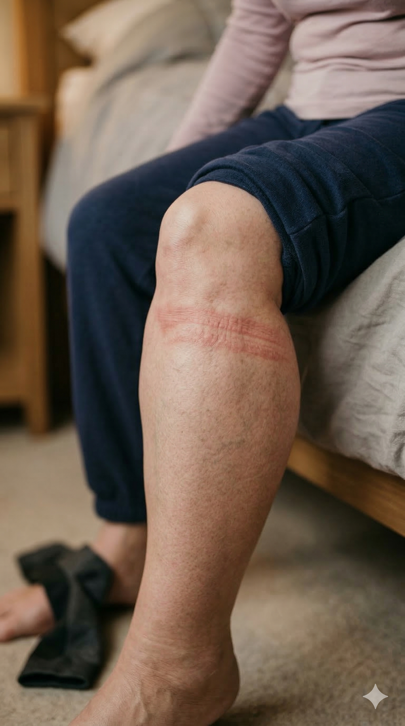 Red marks from tight compression socks